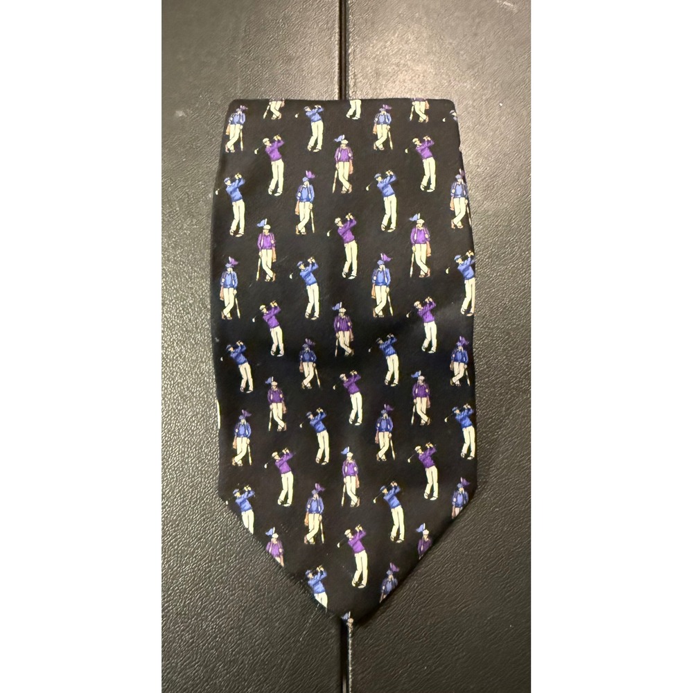 Ralph Lauren LRL Mens Necktie Tie Black Golf Novelty Silk Hand Finished USA